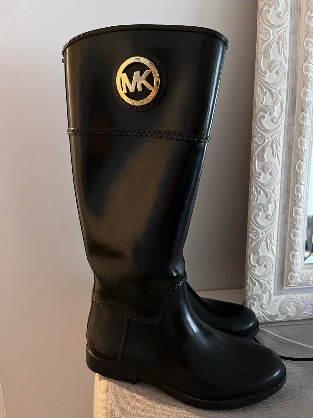 Michael Kors Black Rain Boots with Gold MK Emblem